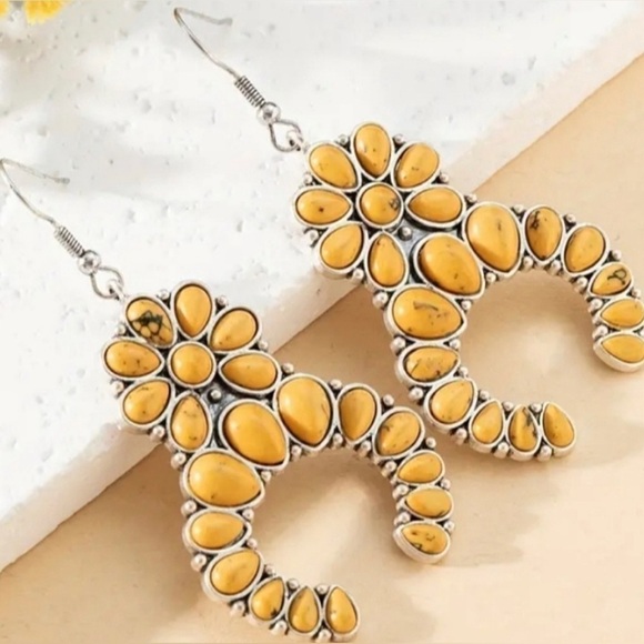 🌻 MOON SQUASH BLOSSOM Yellow Turquoise Dangle Earrings S925 Plated Southwestern - Picture 4 of 10